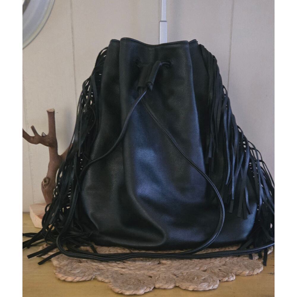 Victoria's Secret Black Ladies Drawstring Faux Leather Backpack - Picture 5 of 8